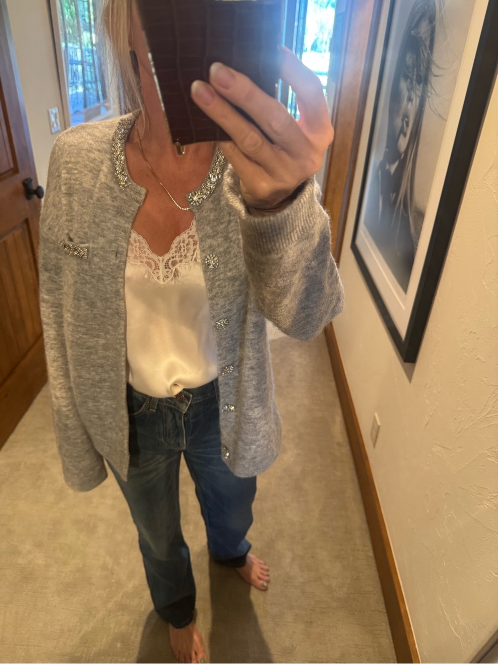Self portrait Elegant Gray Knit Cardigan with Embellished Trim- medium
